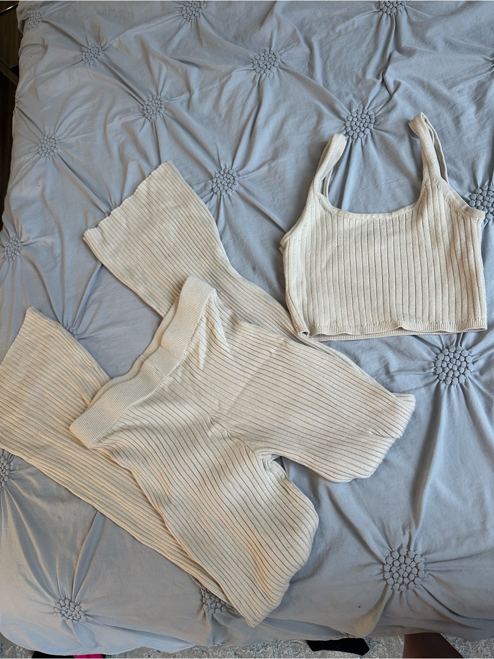 Cream Ribbed Knit Tank & Wide-Leg Lounge Set